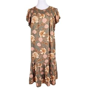 My Danielle Smocked Elegant Floral Midi Dress, Sz Large